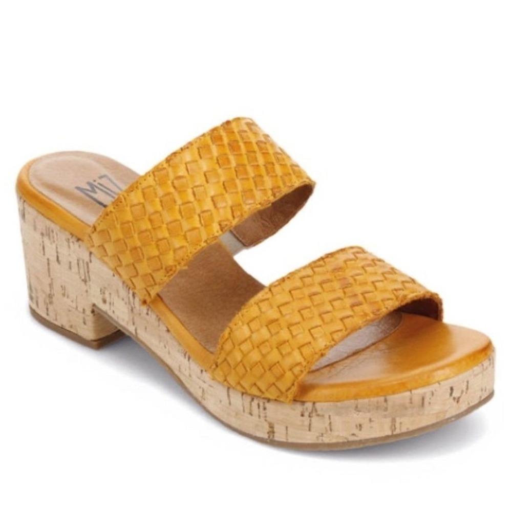 Miz Mooz Mustard‎ Yellow Woven Leather Cork Platform Wedge Slide Sandals Size 38